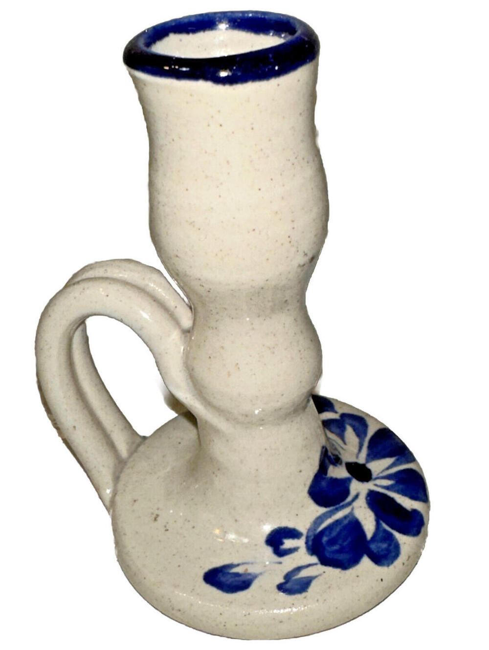 Vtg Williamsburg Pottery Salt Glaze Candlestick Candle Holder Ivory & Blue 4.5"